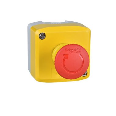SCHNEIDER XALK178FH29 Harmony XALK tokozott vészgomb, sárga, 1 piros gombafejű nyomógomb, forgatásra kioldó, 2NC, "EMERGENCY STOP