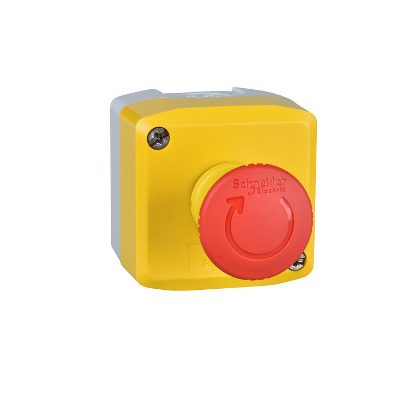   SCHNEIDER XALK178FH29 Harmony XALK tokozott vészgomb, sárga, 1 piros gombafejű nyomógomb, forgatásra kioldó, 2NC, "EMERGENCY STOP