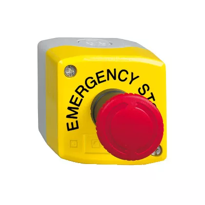 SCHNEIDER XALK178GTH29 Harmony XALK tokozott vészgomb, sárga, 1 piros gombafejű nyomógomb, forgatásra kioldó, 1NO+2NC, "EMERGENCY STOP