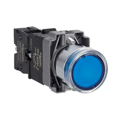   SCHNEIDER XB2BW36M1C Easy Harmony XB2, Világító nyomógomb, kék, AC 220V, fém, panelbe süllyesztett, 22mm, visszatérő