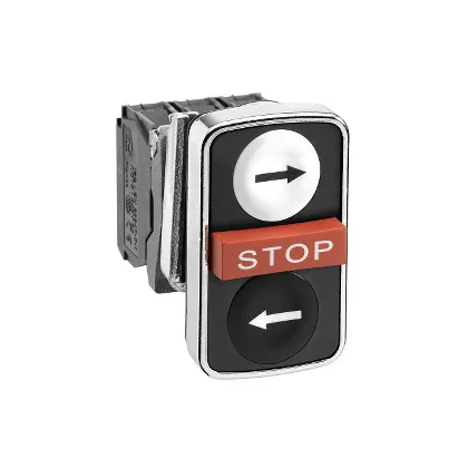   SCHNEIDER XB4BA711237 Harmony komplett fém kettősfejű nyomógomb, Ø22, visszatérő, 2NO+1NC, 2 fehér/fekete jobb/bal nyíl + 1 piros kiálló STOP