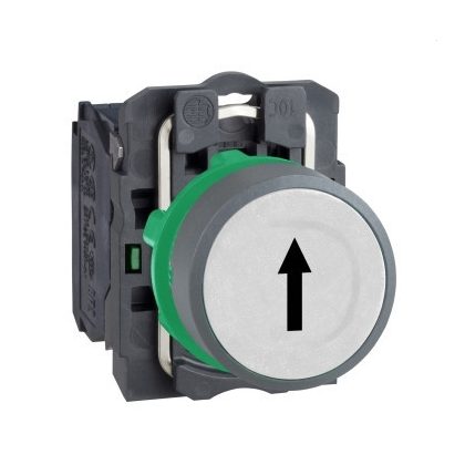   SCHNEIDER XB5AA3341C0 Harmony komplett műanyag nyomógomb, Ø22, visszatérő, 1NO, fehér, "fel nyíl", szürke körgyűrű