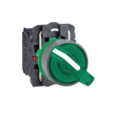 SCHNEIDER XB5AK123M5C0 Harmony komplett műanyag LED világító választókapcsoló, Ø22, 2 állású, 230  VAC, 1NO+1NC, zöld, szürke körgyűrű