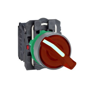 SCHNEIDER XB5AK124B5C0 Harmony komplett műanyag LED világító választókapcsoló, Ø22, 2 állású, 24 V, 1NO+1NC, piros, szürke körgyűrű