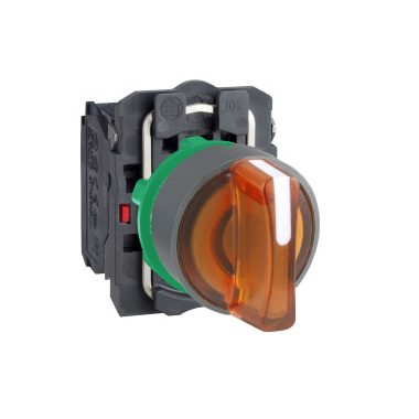 SCHNEIDER XB5AK135B5C0 Harmony komplett műanyag LED világító választókapcsoló, Ø22, 3 állású, 24 V, 1NO+1NC, narancs, szürke körgyűrű