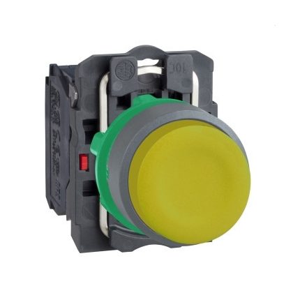   SCHNEIDER XB5AP51C0 Harmony komplett műanyag nyomógomb, Ø22, gumisapkás, kiálló, visszatérő, 1NO, sárga, szürke körgyűrű