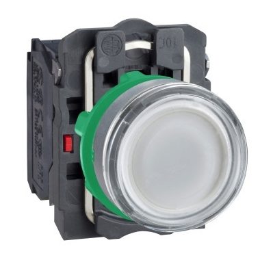 SCHNEIDER XB5AW31M5C0 Harmony komplett műanyag LED világító nyomógomb, Ø22, visszatérő, 1NO+1NC, Ø30 VAC, fehér, szürke körgyűrű