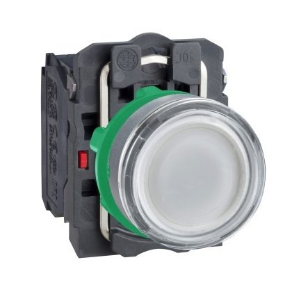 SCHNEIDER XB5AW31M5C0 Harmony komplett műanyag LED világító nyomógomb, Ø22, visszatérő, 1NO+1NC, Ø30 VAC, fehér, szürke körgyűrű