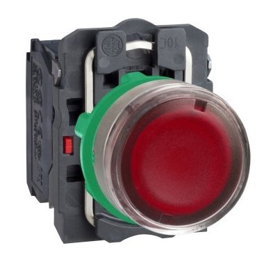 SCHNEIDER XB5AW34M5C0 Harmony komplett műanyag LED világító nyomógomb, Ø22, visszatérő, 1NO+1NC, Ø30 VAC, piros, szürke körgyűrű