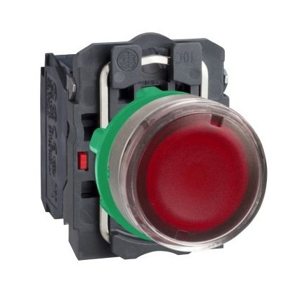 SCHNEIDER XB5AW34M5C0 Harmony komplett műanyag LED világító nyomógomb, Ø22, visszatérő, 1NO+1NC, Ø30 VAC, piros, szürke körgyűrű