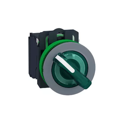   SCHNEIDER XB5FK123M5C0 Harmony panelbe süllyesztett komplett műanyag világító kapcsoló, Ø30, 2 állású, 230  VAC, 1NO+1NC, zöld, szürke körgyűrű
