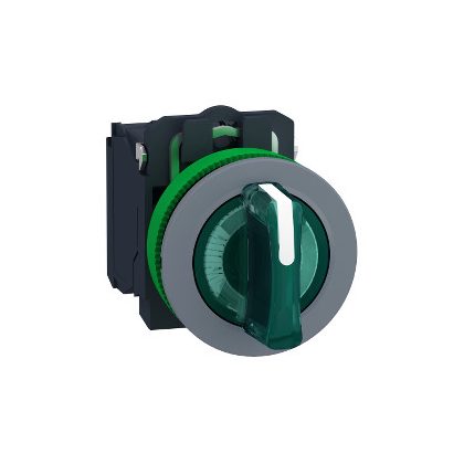   SCHNEIDER XB5FK133M5C0 Harmony panelbe süllyesztett komplett műanyag világító kapcsoló, Ø30, 3 állású, 230  VAC, 1NO+1NC, zöld, szürke körgyűrű