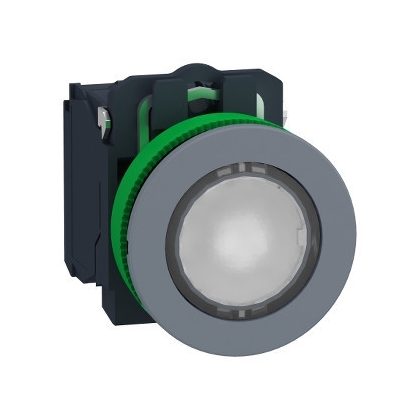 SCHNEIDER XB5FW31B5C0 Harmony panelbe süllyesztett komplett műanyag LED világító nyomógomb, Ø30, 1NO, 24V, fehér, szürke körgyűrű