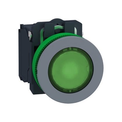 SCHNEIDER XB5FW33M5C0 Harmony panelbe süllyesztett komplett műanyag LED világító nyomógomb, Ø30, 1NO, Ø30 VAC, zöld, szürke körgyűrű
