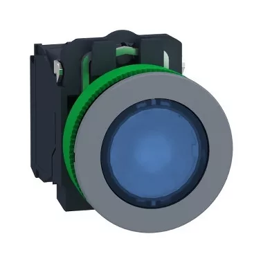 SCHNEIDER XB5FW36B5C0 Harmony panelbe süllyesztett komplett műanyag LED világító nyomógomb, Ø30, 1NO, 24 VAC/DC, kék, szürke körgyűrű