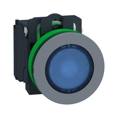 SCHNEIDER XB5FW36M5C0 Harmony panelbe süllyesztett komplett műanyag LED világító nyomógomb, Ø30, 1NO, Ø30 VAC, kék, szürke körgyűrű