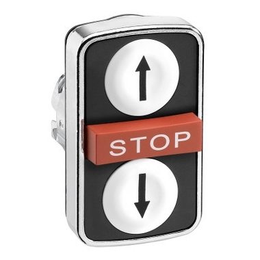 SCHNEIDER ZB4BA71114 Harmony fém kettősfejű nyomógomb fej, Ø22, visszatérő, 1-1 fehér fel/le nyíl nyomógomb, piros kiemelkedő STOP gomb