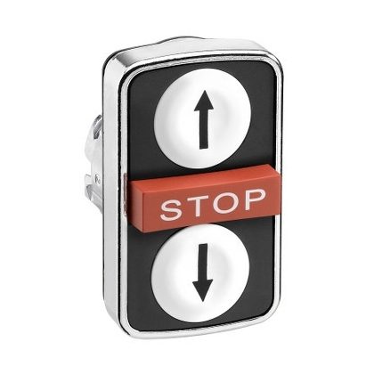   SCHNEIDER ZB4BA71114 Harmony fém kettősfejű nyomógomb fej, Ø22, visszatérő, 1-1 fehér fel/le nyíl nyomógomb, piros kiemelkedő STOP gomb