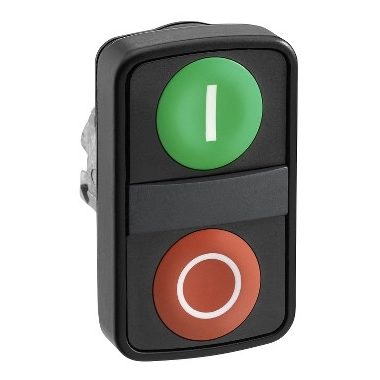 SCHNEIDER ZB4BL73417 Harmony fém kettősfejű nyomógomb fej, Ø22, visszatérő, 1 zöld "I" 1 piros "O" kiemelkedő nyomógomb, fekete perem