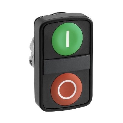   SCHNEIDER ZB4BL73417 Harmony fém kettősfejű nyomógomb fej, Ø22, visszatérő, 1 zöld "I" 1 piros "O" kiemelkedő nyomógomb, fekete perem