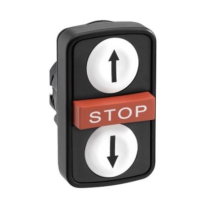   SCHNEIDER ZB5AA71114 Harmony műanyag kettősfejű nyomógomb fej, Ø22, visszatérő, 1-1 fehér fel/le nyíl nyomógomb, piros kiemelkedő STOP gomb
