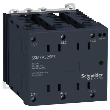   SCHNEIDER SSM3A325BD SSM szilárdtestrelé, 3f, nullfeszültségű kapcsolás, 3NO, 48-600VAC, 25A, 24VDC