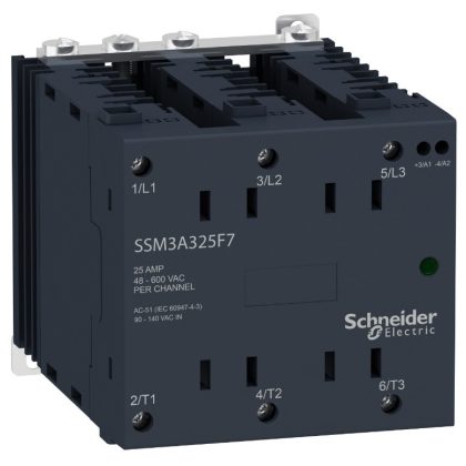 SCHNEIDER SSM3A325BD SSM szilárdtestrelé, 3f, nullfeszültségű kapcsolás, 3NO, 48-600VAC, 25A, 24VDC