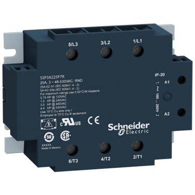SCHNEIDER SSP3A225B7 SSP hűtőbordára szerelhető szilárdtestrelé, 3f, nullfeszültségű kapcsolás, 3NO, 48-530VAC, 25A, 24VDC