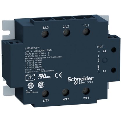   SCHNEIDER SSP3A225B7 SSP hűtőbordára szerelhető szilárdtestrelé, 3f, nullfeszültségű kapcsolás, 3NO, 48-530VAC, 25A, 24VDC
