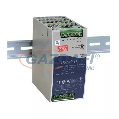   Mean Well TDR-240-24 DIN sínre pattintható tápegység megnövelt bemeneti feszültségtartománnyal, 240 W, 24 V