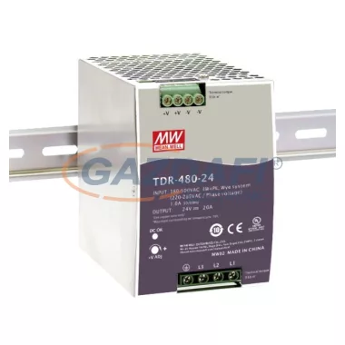 Mean Well TDR-480-24 DIN sínre pattintható tápegység megnövelt bemeneti feszültségtartománnyal, 480 W, 24 V