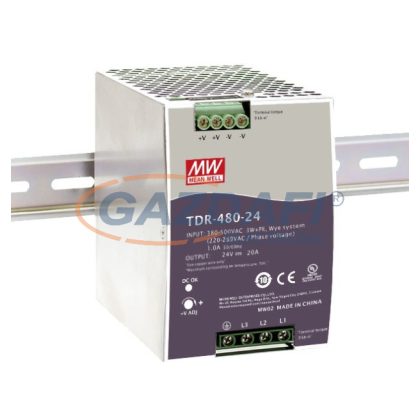   Mean Well TDR-480-24 DIN sínre pattintható tápegység megnövelt bemeneti feszültségtartománnyal, 480 W, 24 V