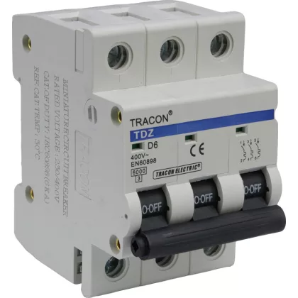 TRACON TDZ-3D-6 Kismegszakító, 3 pólus, D karakterisztika 6A, 6kA