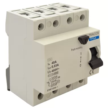 TRACON TFG4-40100 Áram-védőkapcsoló, 4 pólusú 40A, 100mA, 6kA, A / AC (Fi-relé) TRACON TFG4-40100 Áram-védőkapcsoló, 4 pólusú 40A, 100mA, 6kA, A / AC (Fi-relé)