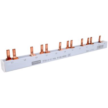TRACON TFSS-3-12 Soroló sín - csapos kivitelű max.63A, 230/400VAC, 3P, 12modul, 215mm TRACON TFSS-3-12 Soroló sín - csapos kivitelű max.63A, 230/400VAC, 3P, 12modul, 215mm