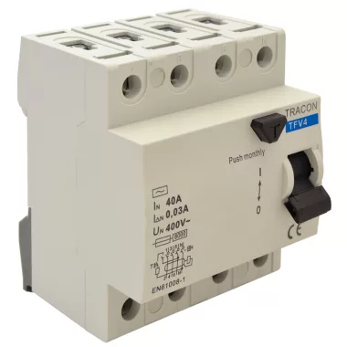 TRACON TFV4-40100 Áram-védőkapcsoló, 4 pólusú 40A, 100mA, 6kA, AC (Fi-relé) TRACON TFV4-40100 Áram-védőkapcsoló, 4 pólusú 40A, 100mA, 6kA, AC (Fi-relé)