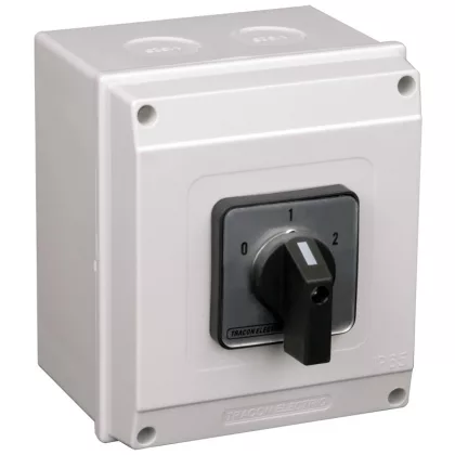   TRACON TKB-636/3T65 Tokozott választókapcsoló, 0-1-2 400V, 50Hz, 63A, 2×3P, 18,5kW, 64×64mm, 60°, IP65