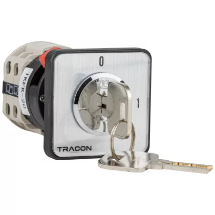   TRACON TKFK-20 Főkapcsoló, kulcsos, BE-KI (Kulcs 0-állásban vehető ki) 400V, 50Hz, 20A, 4P, 5,5kW, 48×48mm
