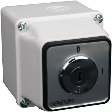 TRACON TKFK-20T65 Tokozott főkapcsoló, kulcsos, BE-KI (Kulcs 0-áll. kivehető) 400V, 50Hz, 20A, 4P, 5,5kW, 48×48mm, IP65