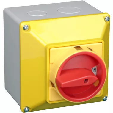 TRACON TKFL-32TS Tokozott főkapcsoló, lakatolható, sárga fedéllel, BE-KI 400V, 50Hz, 32A, 4P, 11kW, 64×64mm, IP44