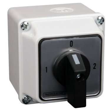 TRACON TKV-209/3T65 Tokozott választókapcsoló, 1-0-2 400V, 50Hz, 20A, 2×3P, 5,5kW, 48×48mm, 90°, IP65