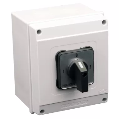 TRACON TKV-209/4T65 Tokozott választókapcsoló, 1-0-2 400V, 50Hz, 20A, 2×4P, 5,5kW, 48×48mm, 90°, IP65