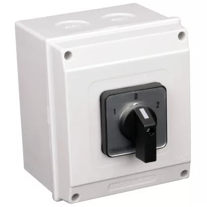   TRACON TKV-256/3T65 Tokozott választókapcsoló, 1-0-2 400V, 50Hz, 25A, 2×3P, 7,5kW, 48×48mm, 60°, IP65