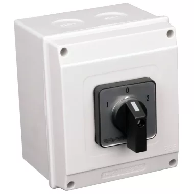 TRACON TKV-256/4T65 Tokozott választókapcsoló, 1-0-2 400V, 50Hz, 25A, 2×4P, 7,5kW, 48×48mm, 60°, IP65
