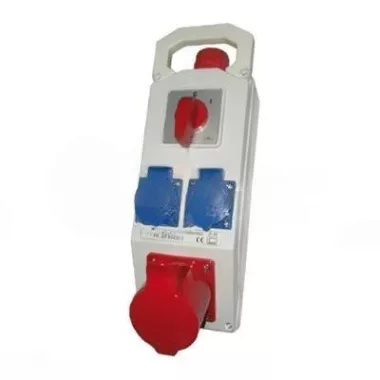 TR-381 Ipari elosztó L-O-P kapcsolóval, 1db 16A 5P és 2db 250V 2P + F aljzat + L-O-P kapcsoló