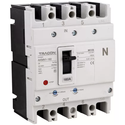 TRACON AKMN1-160 Kompakt megszakító 4P,160A,Ir=(0,8-1,0)In,400/415V, 50/60Hz, Icu=36kA, Ics=25kA TRACON AKMN1-160 Kompakt megszakító 4P,160A,Ir=(0,8-1,0)In,400/415V, 50/60Hz, Icu=36kA, Ics=25kA