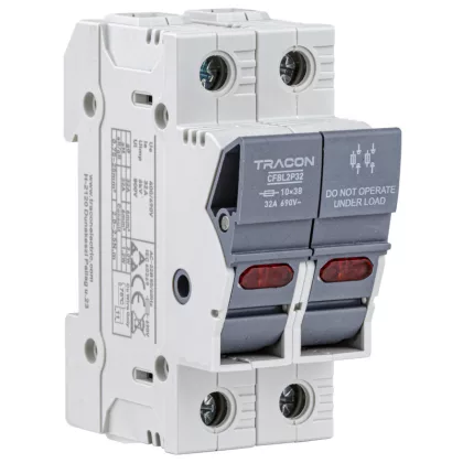   TRACON CFBL2P32 Szakaszolókapcsoló-biztosító hengeres bizt.hoz, maszkolható 32A, 10x38mm, Un=400V/690V, AC22B, 2P, LED