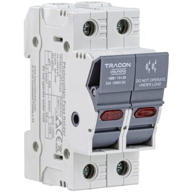 TRACON CFBLPV2P32 Szakaszolókapcsoló-biztosító hengeres bizt.hoz, PV 32A, 10×38, Un=1000VDC, Ui=6kV, 20kA, DC-PV0, IP20, 2P, LED