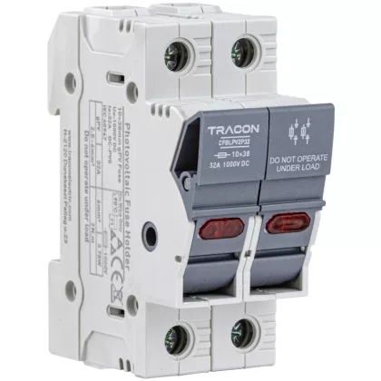  TRACON CFBLPV2P32 Szakaszolókapcsoló-biztosító hengeres bizt.hoz, PV 32A, 10×38, Un=1000VDC, Ui=6kV, 20kA, DC-PV0, IP20, 2P, LED
