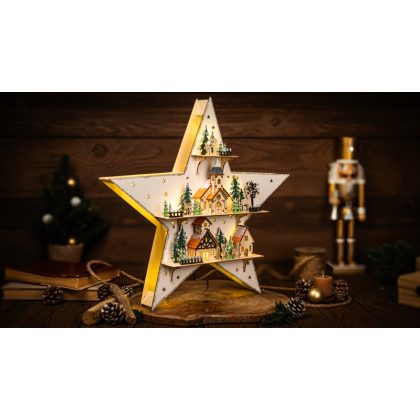   TRACON CHRBST15WW LED karácsonyi csillag tájképpel, fehér, fa, elemes (X25006) Timer 6+18h, 15LED, 3000K, 2xAA